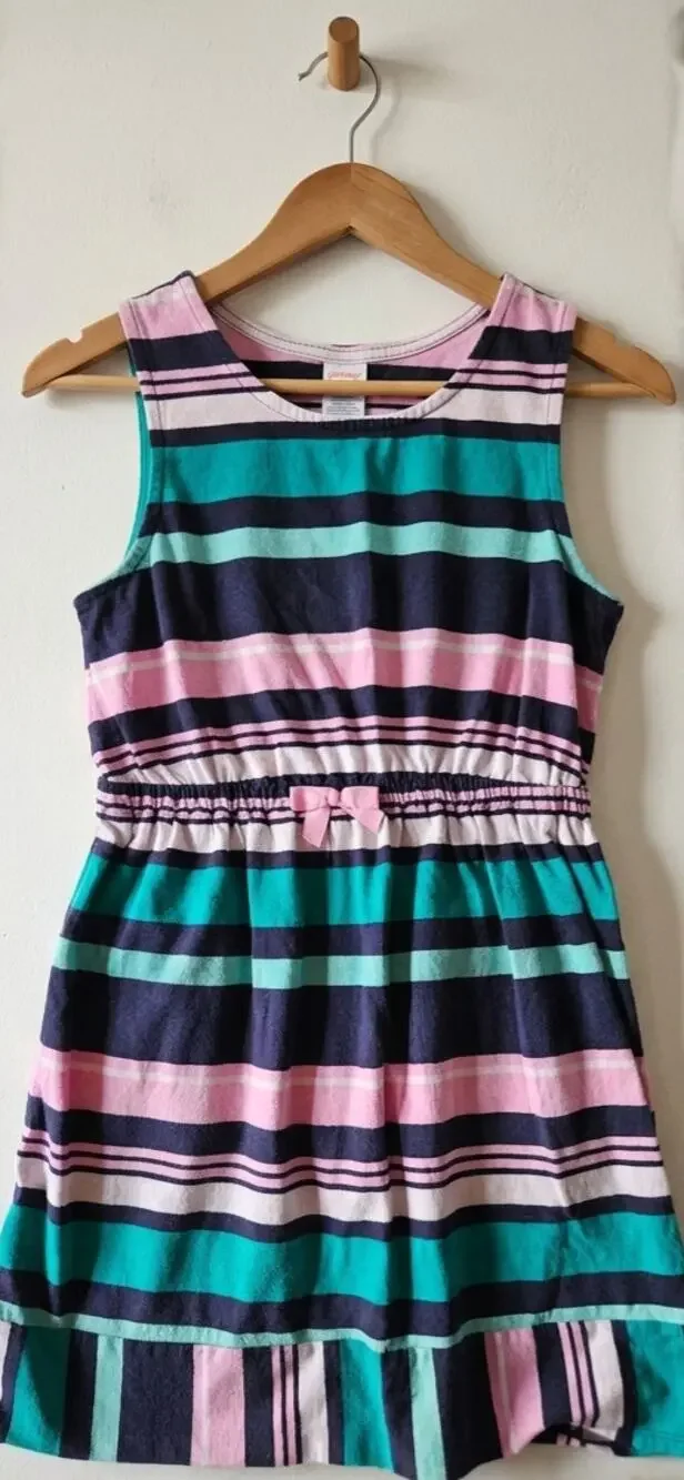 Gymboree Girls Striped Sleeveless Dress Size 8 Pink Navy Teal 100% Cotton Bow
